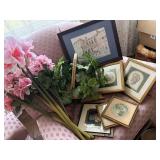 framed prints, pink faux flowers, basket, ceramics