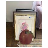 17 framed prints, large clock, 2 wooden apples