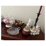 2 teapots, urn, dishes, music box works, candle