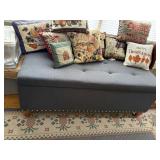 blue upholstered storage chest, very comfy, office