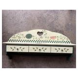 wood shelf, towel bar underneath, 3 drawers