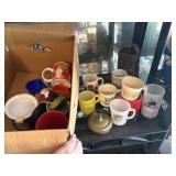 box of mugs, 1 fireking exxon tiger, dunkin