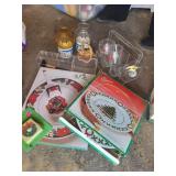 2 holiday serving platters, ceramic basket, 2 oil