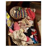 box of doll clothes, barbie clothes, blankets,