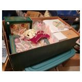 box of all pink christmas ornaments,   basement