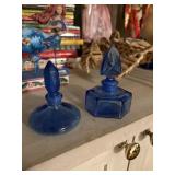 2 art deco perfume bottles blue   family room