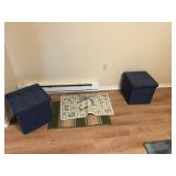 2 storage ottomans blue and 2 kitchen rugs