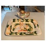 ceramic bunny serving plate and teapot