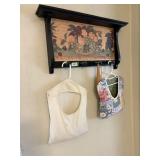 wood shelf with pegs, 2 vintage clothespin holder