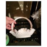 milk glass hobnail basket,   basement
