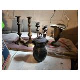 small black/ purple  urn with silver plated lid,