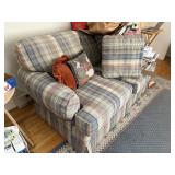 love seat with throw pillows & blue chair   office