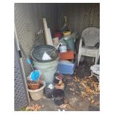contents of left side of shed, flower pots,