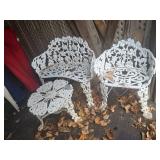 white wrought iron 1 chair, 1 bench 1 table