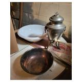 silver plated coffee pot, bowl and ceramic