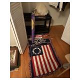 plastic shelf, throw pillows, posters, GOD BLESS