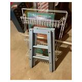 2 white organizing shelves, and blue diy shelf