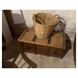 wood chest, rope handles, girl design on front