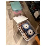 2 totes w/lids - 2 table clothes, arieouipt circul