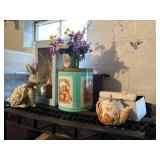 easter decor, plates, bunny, 2 teapots