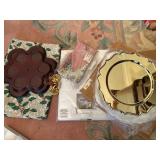 8 gold tone charger plates,2  tableclothes, napkin