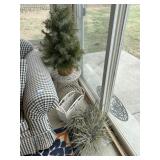 wicker mag rack, end table, christmas tree, faux