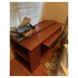 wood desk with pull out keyboard tray, book