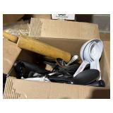 box of kitchen utensils, knives, roling pin,
