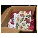 large box of table linens, tablecloths,fall runner