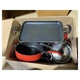 large box of pots and pans, deep skillet,