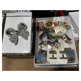 pins, cuff links, large silver tone bow brooch