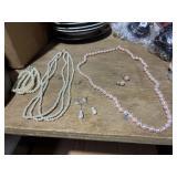 pink pearl necklace/earrings, white pearl necklace