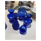 5 cobalt blue vases, decanter etc.