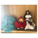 2 DOLLS with crochet dresses, adult crochet shawl