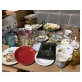 large box of glassware, ceramic trays, bells,