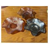 3 Carnival Glass Ruffled Bowls