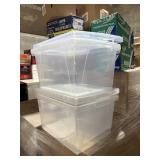 3 clear storage totes, lids, 4 gallon size