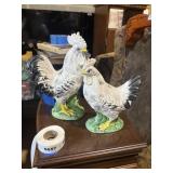 2 white and black ceramic rooster & hen