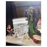 2 nativities, tall angel, santa figuire, plate