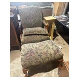 vintage upholstered wood framed chair and ottoman