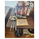 wood WELCOME sign, bird windchime, frame