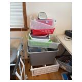 white plastic shelf, various totes, basin, tin