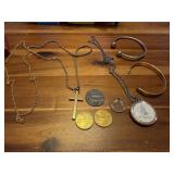 3 necklaces, cross,serenity prayer,gold chain, 24c