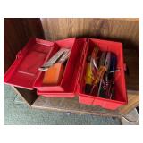 2 red toolboxes,nut drivers, razor knives, wood