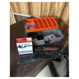 tackle box, knife with holder, eagle claw string