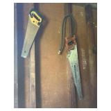 2 handsaws, piece of hose   back porch