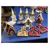 christmas ornaments, white churches, 2 blue