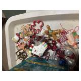 box of vintage bulbs, tote/ lid . , pinecones,