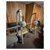 weight racks, 2 barbells, 14 weights,