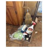 broom, dustpan, swiffer mop, box of cleaning